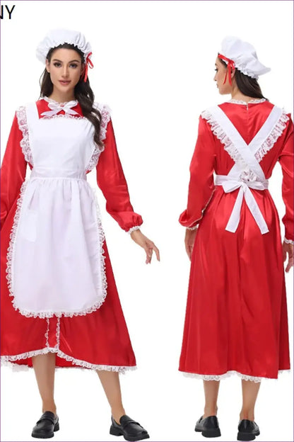 Victorian Maid Costume Set - Long Satin Dress Apron Mob Cap - Halloween • just in • Party - Lingerie Hut