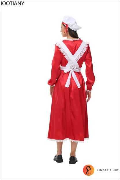 Victorian Maid Costume Set - Long Satin Dress Apron Mob Cap - Halloween • just in • Party - Lingerie Hut