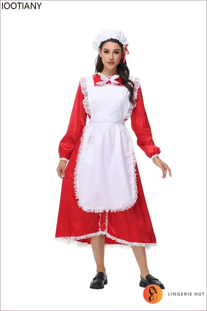 Victorian Maid Costume Set - Long Satin Dress Apron Mob Cap - Halloween • just in • Party - Lingerie Hut