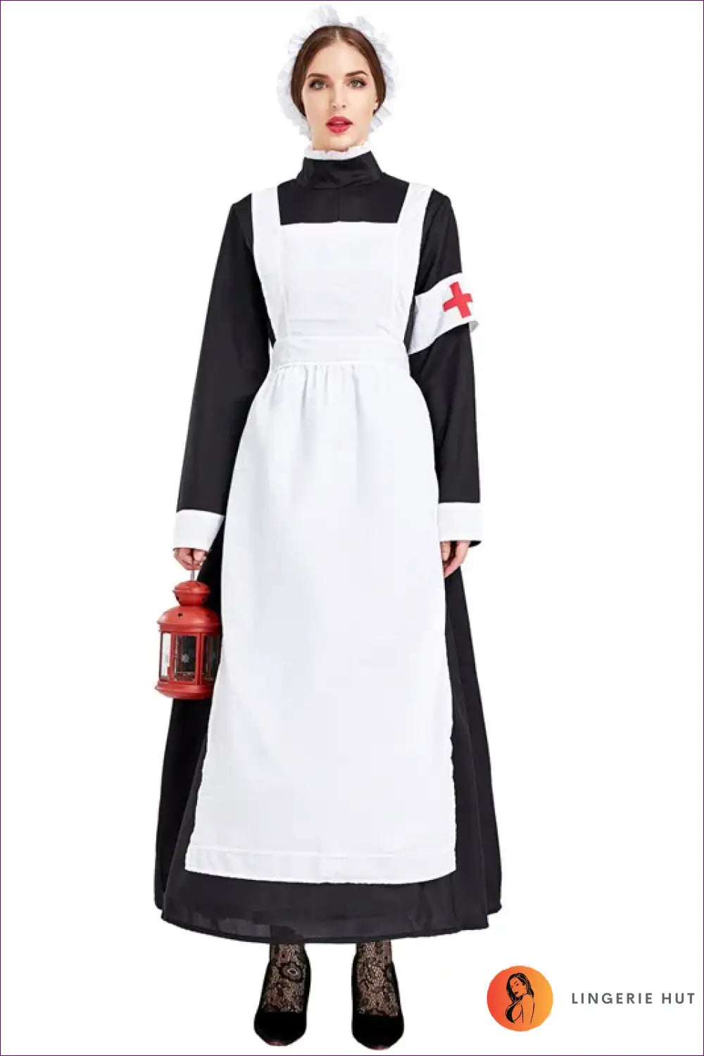 Victorian Nurse Costume Set - Long Dress Apron and Mob Cap - Beige / Xl / China Mainland - Halloween • just in • Party