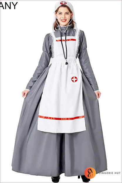 Victorian Nurse Costume Set - Long Dress Apron and Mob Cap - Halloween • just in • Party - Lingerie Hut