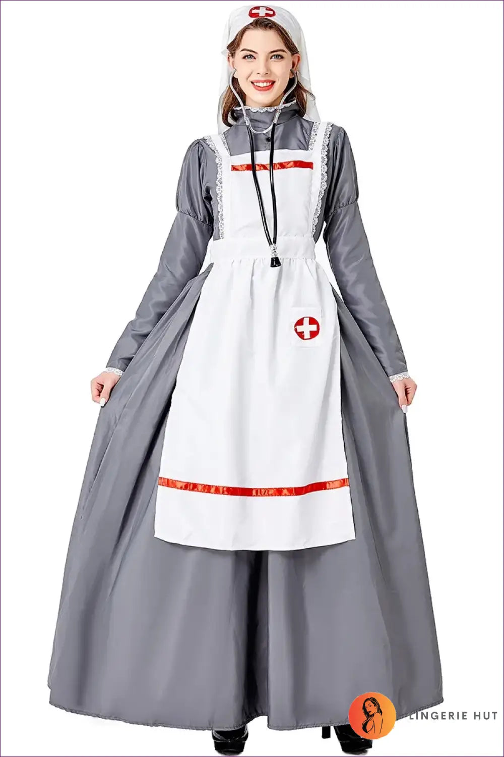 Victorian Nurse Costume Set - Long Dress Apron and Mob Cap - Black / Xxl / China Mainland - Halloween • just in • Party