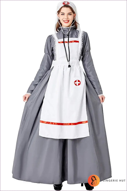 Victorian Nurse Costume Set - Long Dress Apron and Mob Cap - Black / Xxl / China Mainland - Halloween • just in • Party