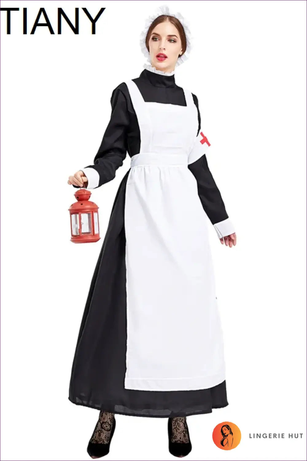 Victorian Nurse Costume Set - Long Dress Apron and Mob Cap - Halloween • just in • Party - Lingerie Hut