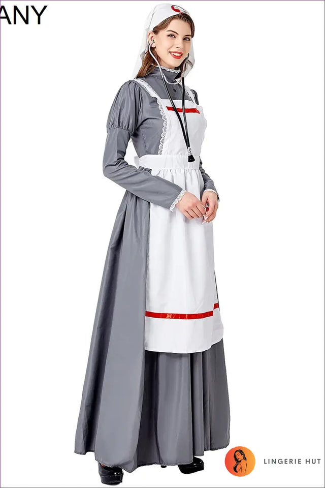 Victorian Nurse Costume Set - Long Dress Apron and Mob Cap