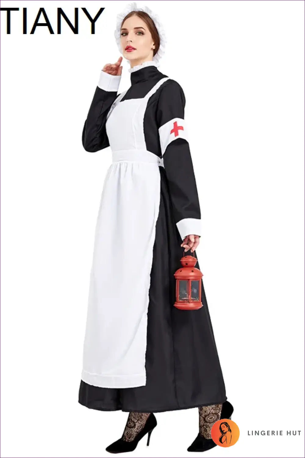 Victorian Nurse Costume Set - Long Dress Apron and Mob Cap - Halloween • just in • Party - Lingerie Hut