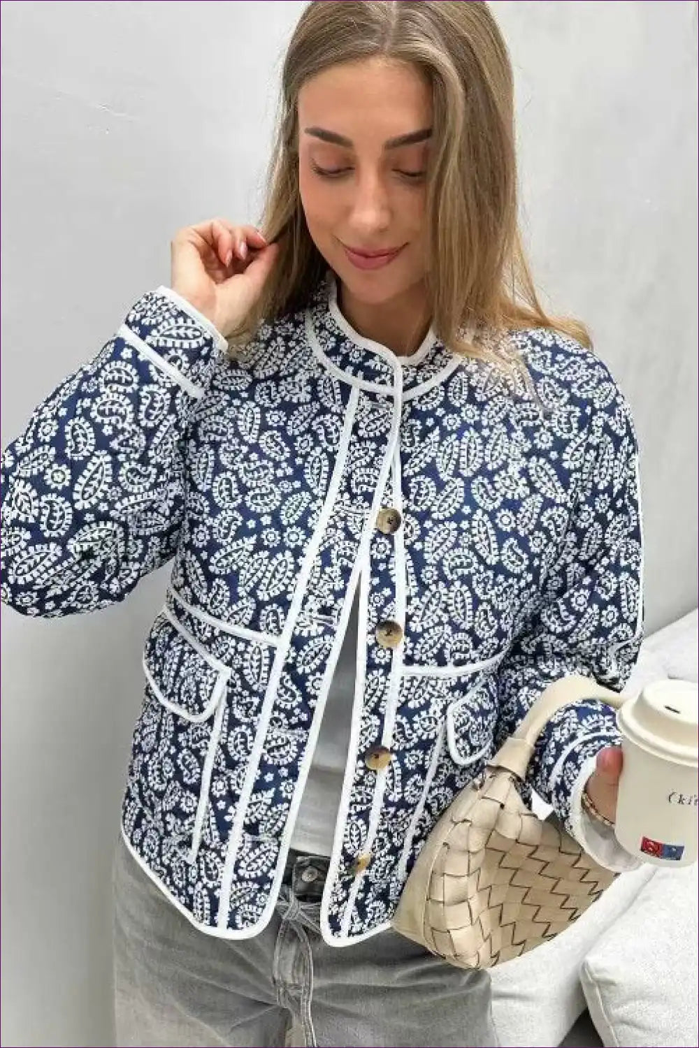 Vintage Charm Floral Quilted Jacket - Navy & White Elegance for Autumn, Casual, Everyday, Glamour, Jackets