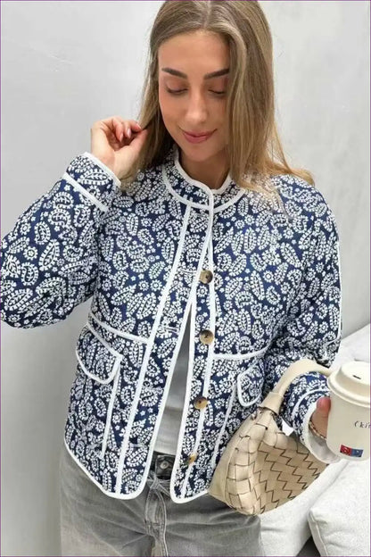 Vintage Charm Floral Quilted Jacket - Navy & White Elegance for Autumn, Casual, Everyday, Glamour, Jackets