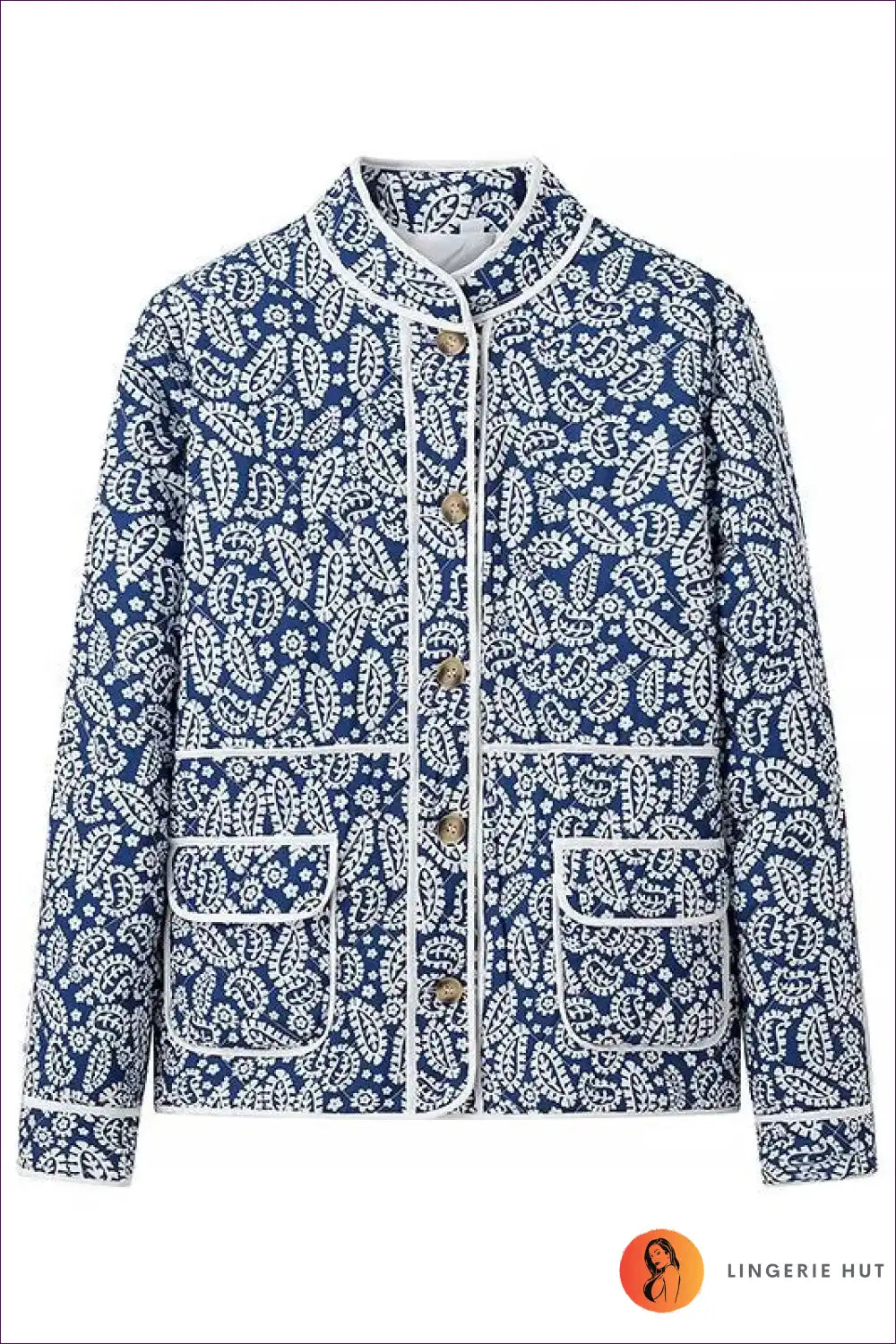 Vintage Charm Floral Quilted Jacket - Navy & White Elegance for Autumn, Casual, Everyday, Glamour, Jackets