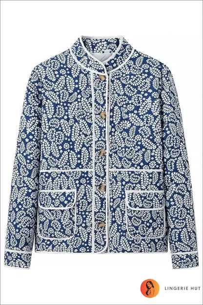 Vintage Charm Floral Quilted Jacket - Navy & White Elegance for Autumn, Casual, Everyday, Glamour, Jackets