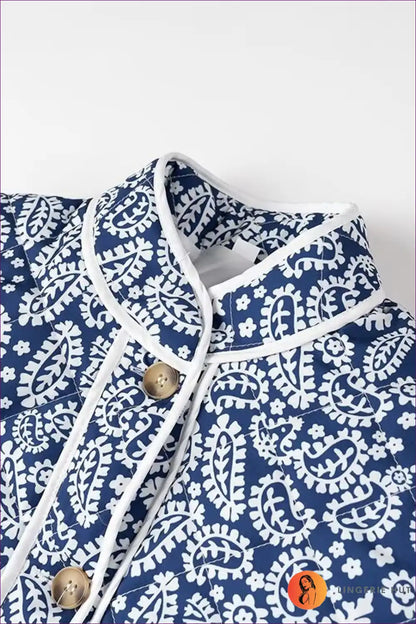 Vintage Charm Floral Quilted Jacket - Navy & White Elegance for Autumn, Casual, Everyday, Glamour, Jackets