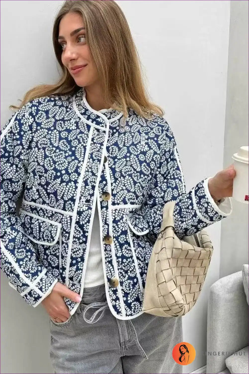 Vintage Charm Floral Quilted Jacket - Navy & White Elegance for Autumn, Casual, Everyday, Glamour, Jackets