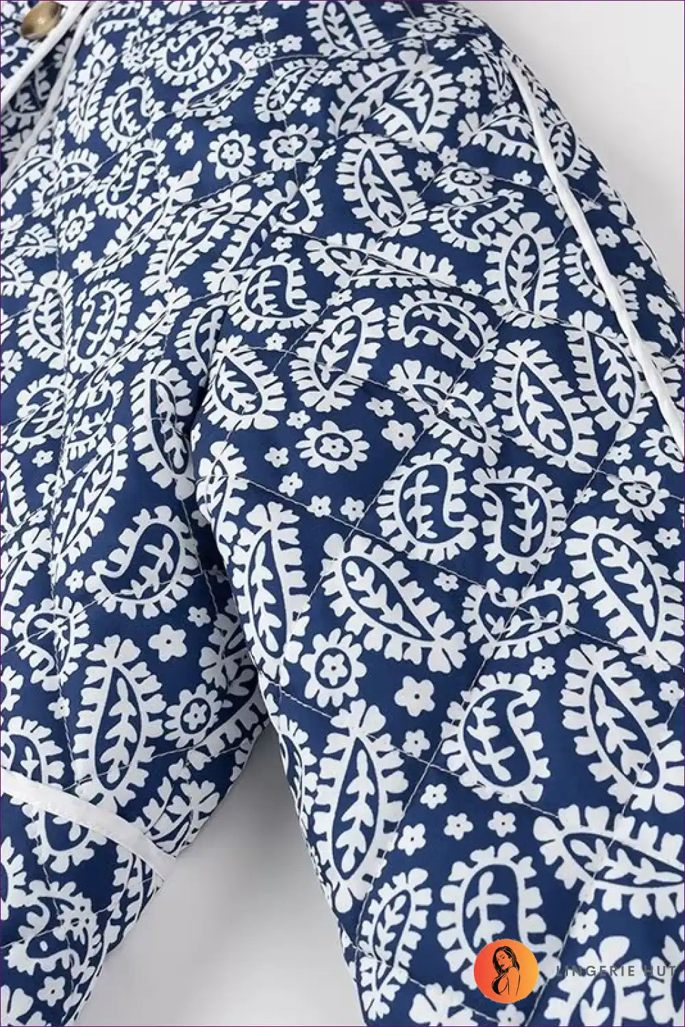 Vintage Charm Floral Quilted Jacket - Navy & White Elegance for Autumn, Casual, Everyday, Glamour, Jackets