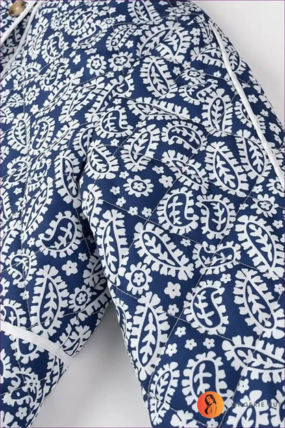 Vintage Charm Floral Quilted Jacket - Navy & White Elegance for Autumn, Casual, Everyday, Glamour, Jackets