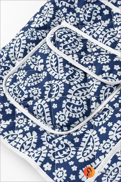 Vintage Charm Floral Quilted Jacket - Navy & White Elegance for Autumn, Casual, Everyday, Glamour, Jackets
