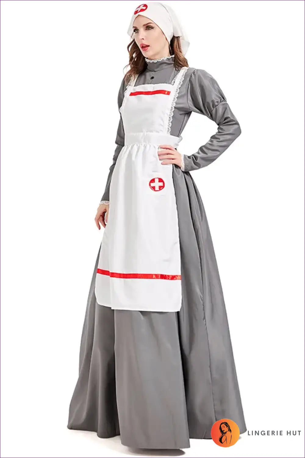 Vintage Nurse Costume Set - Long Dress Apron and Mob Cap - Halloween • just in • Party - Lingerie Hut