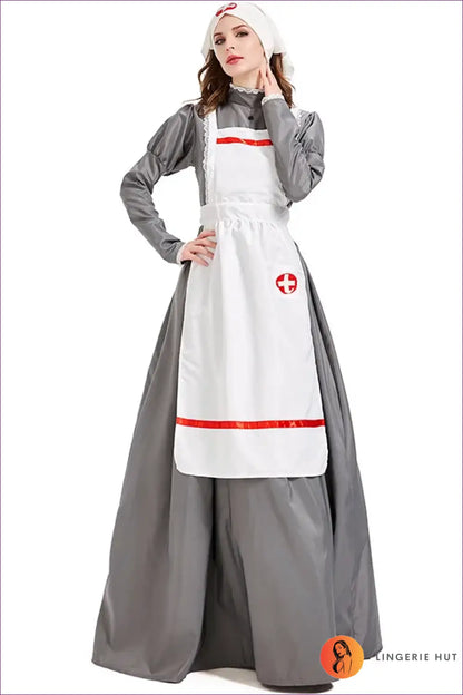 Vintage Nurse Costume Set - Long Dress Apron and Mob Cap - Halloween • just in • Party - Lingerie Hut