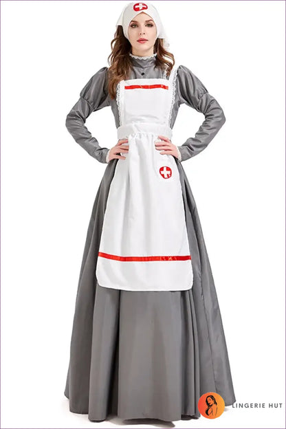 Vintage Nurse Costume Set - Long Dress Apron and Mob Cap - Halloween • just in • Party - Lingerie Hut