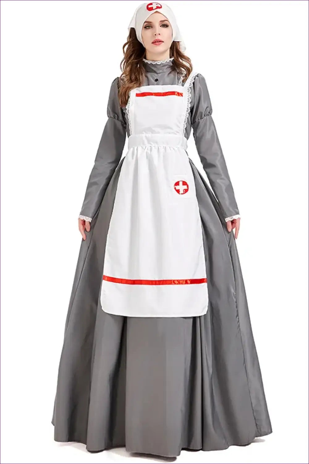 Vintage Nurse Costume Set - Long Dress Apron and Mob Cap - Gray / m (168cm-180cm) / China Mainland - Halloween