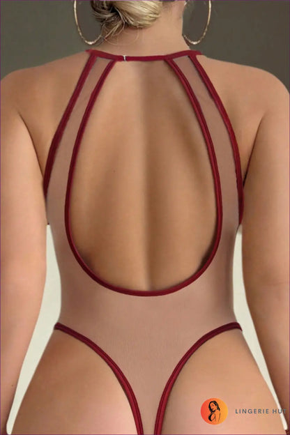Vintage Rose Printed Wine Red Edge Hanging Neck Jumpsuit Sexy Lingerie - Akaba