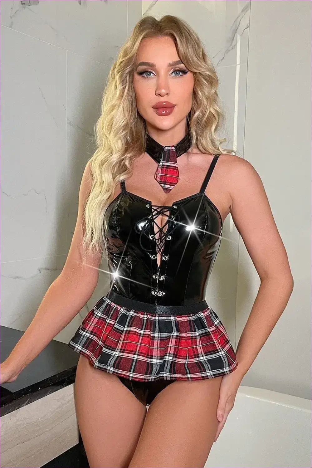 Vinyl Bodysuit Costume with Plaid Skirt Detail - Nightclub Fantasy - 01 / s - Lingerie Hut - Clubwear • Cutout • Latex