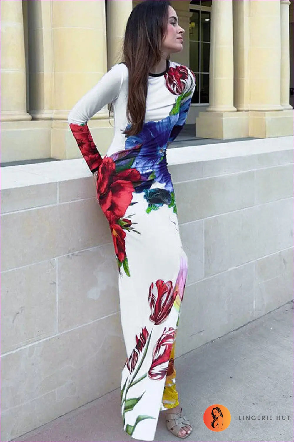 Vivid Floral Bodycon Maxi Dress - Elegant Long Sleeve Gown for Bodycon, Casual, Cotton, Date Night,