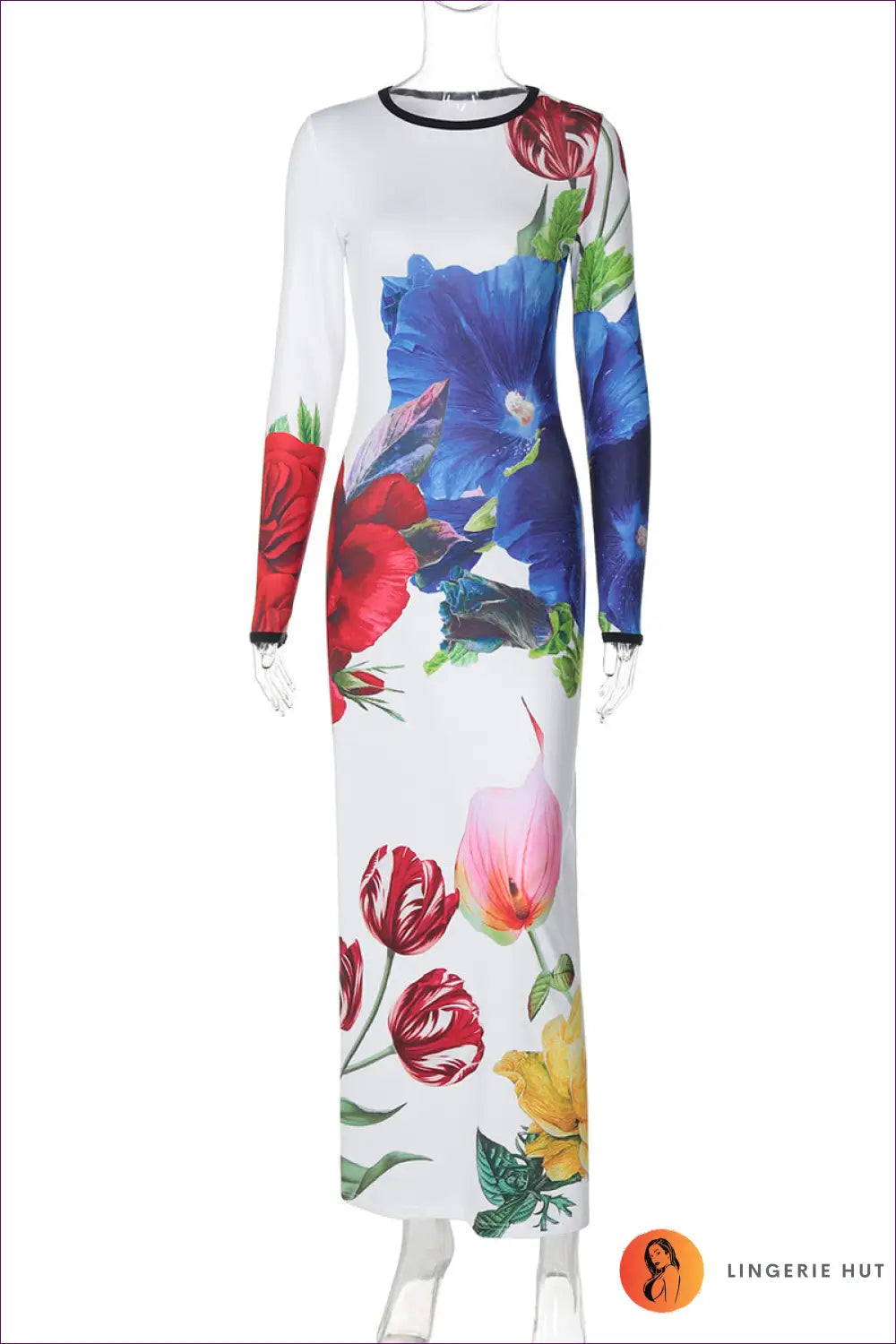 Vivid Floral Bodycon Maxi Dress - Elegant Long Sleeve Gown for Bodycon, Casual, Cotton, Date Night,