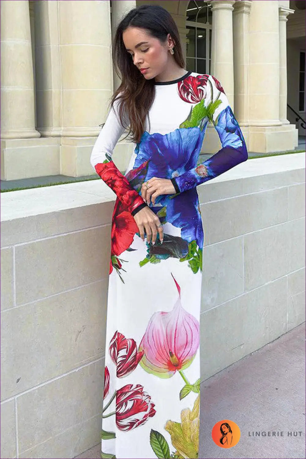 Vivid Floral Bodycon Maxi Dress - Elegant Long Sleeve Gown for Bodycon, Casual, Cotton, Date Night,