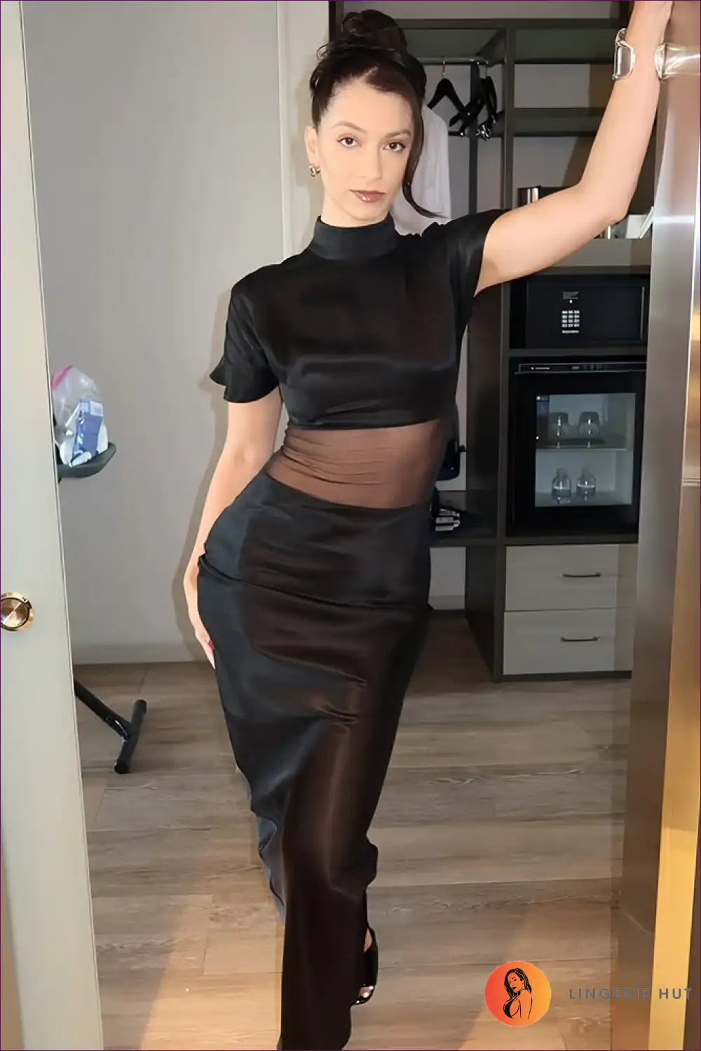 Voile Half Turtleneck Maxi Dress with Sheer Panel Detailing for Bodycon, Date Night, Evening Wear, Formal