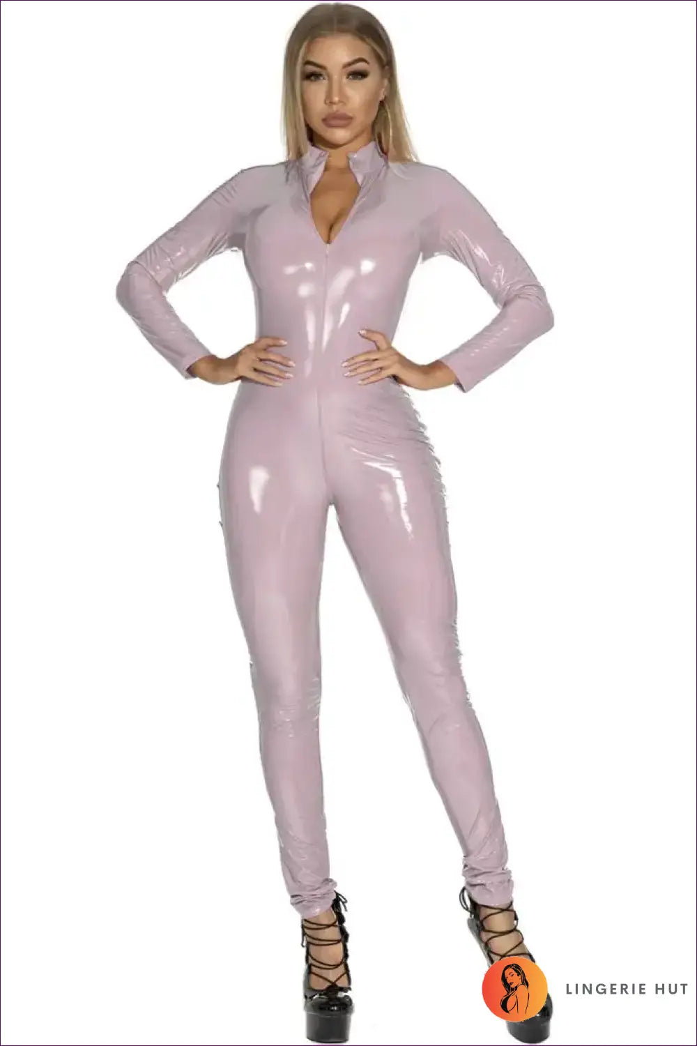 Wet Look Catsuit with High Shine Finish - Statement Power - Pink / s - Jumpsuit - Lingerie Hut - All Season • Bodycon
