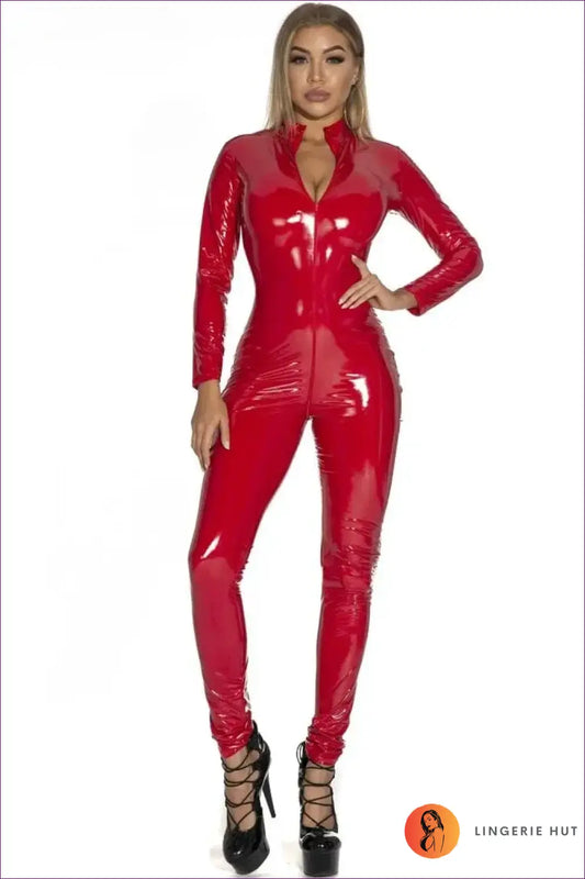 Wet Look Catsuit with High Shine Finish - Statement Power - Jumpsuit - Lingerie Hut - All Season • Bodycon • Clubwear