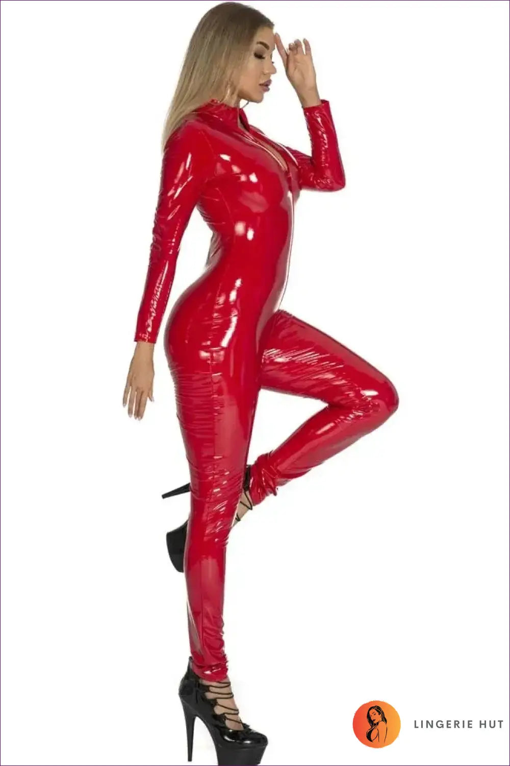 Wet Look Catsuit with High Shine Finish - Statement Power - Red / s - Jumpsuit - Lingerie Hut - All Season • Bodycon