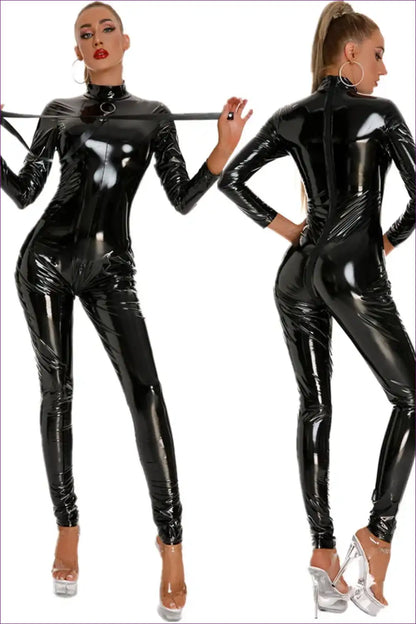 Wet Look Catsuit with Long Sleeves and Zip Detail - Bold Empowerment for Bodycon, Catsuit, Clubwear, Costume,