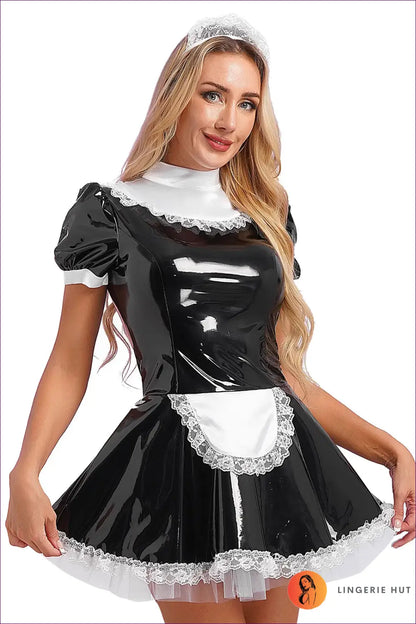 Wet-look Maid Costume with Choker Bow Collar - Poised and Playful - Black b / s - just in • Party • Role Play