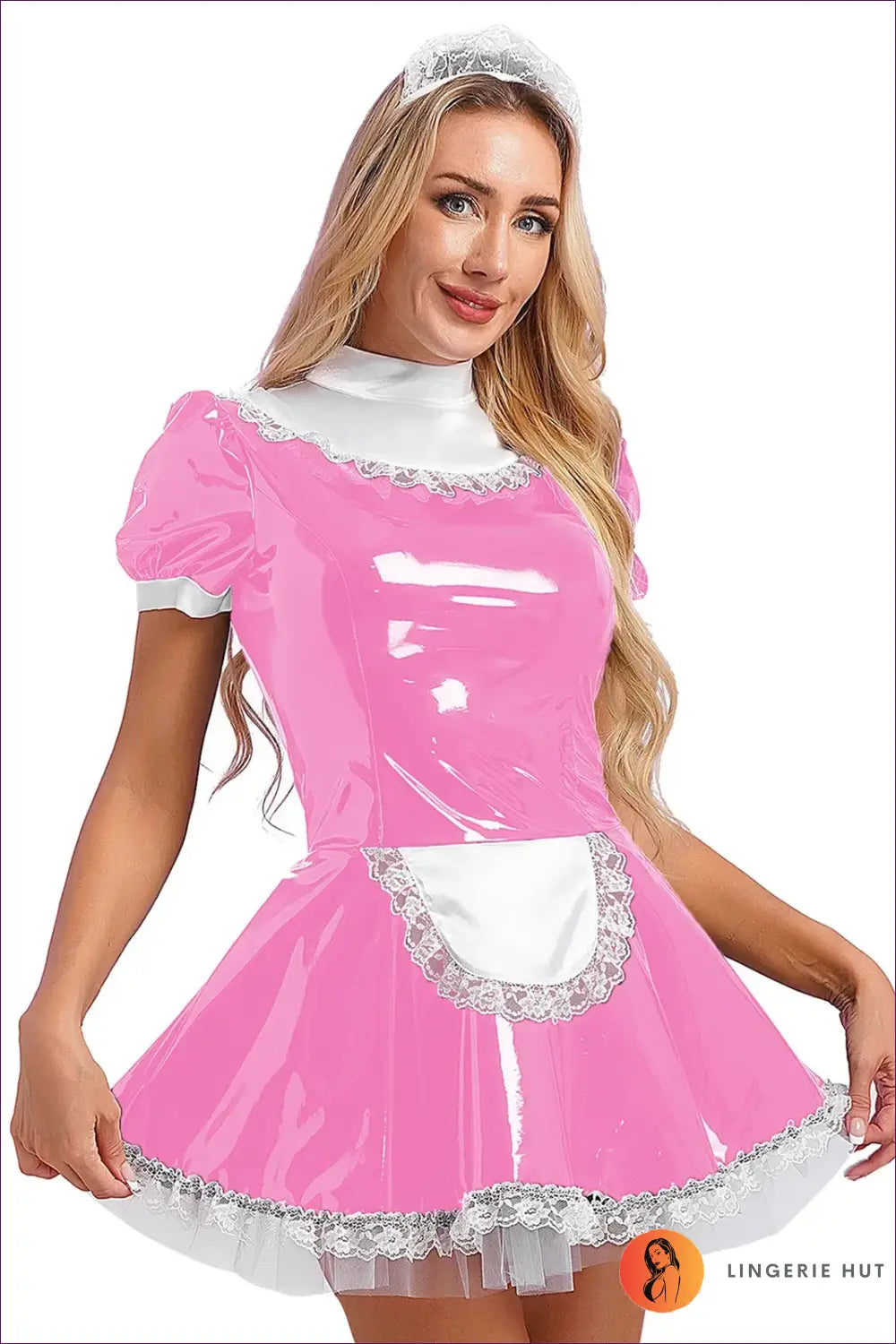 Wet-look Maid Costume with Choker Bow Collar - Poised and Playful - Pink b / s - just in • Party • Role Play - Lingerie