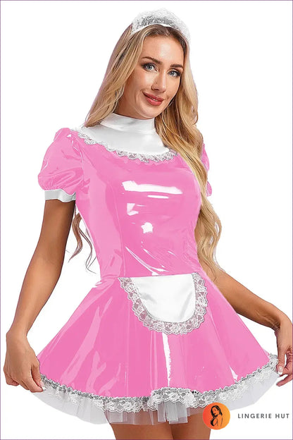 Wet-look Maid Costume with Choker Bow Collar - Poised and Playful - Pink b / s - just in • Party • Role Play - Lingerie