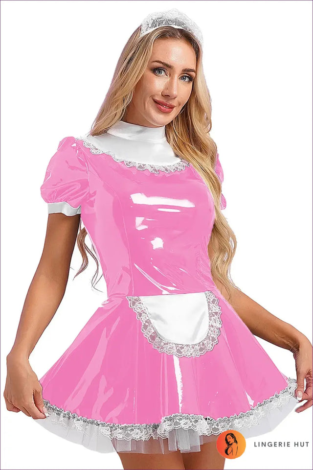 Wet-Look Maid Costume with Choker Bow Collar - Poised and Playful