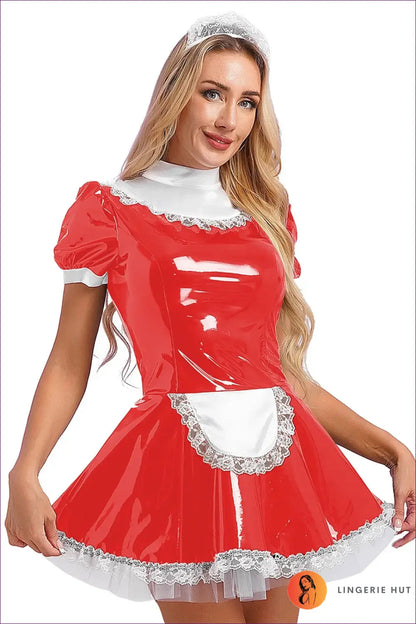 Wet-look Maid Costume with Choker Bow Collar - Poised and Playful - Red b / s - just in • Party • Role Play - Lingerie