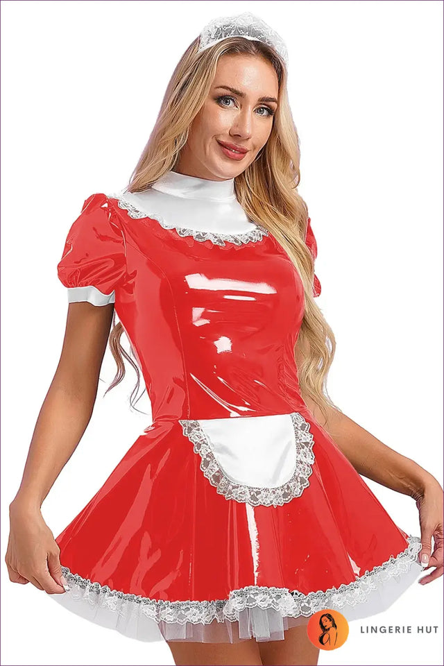 Wet-Look Maid Costume with Choker Bow Collar - Poised and Playful