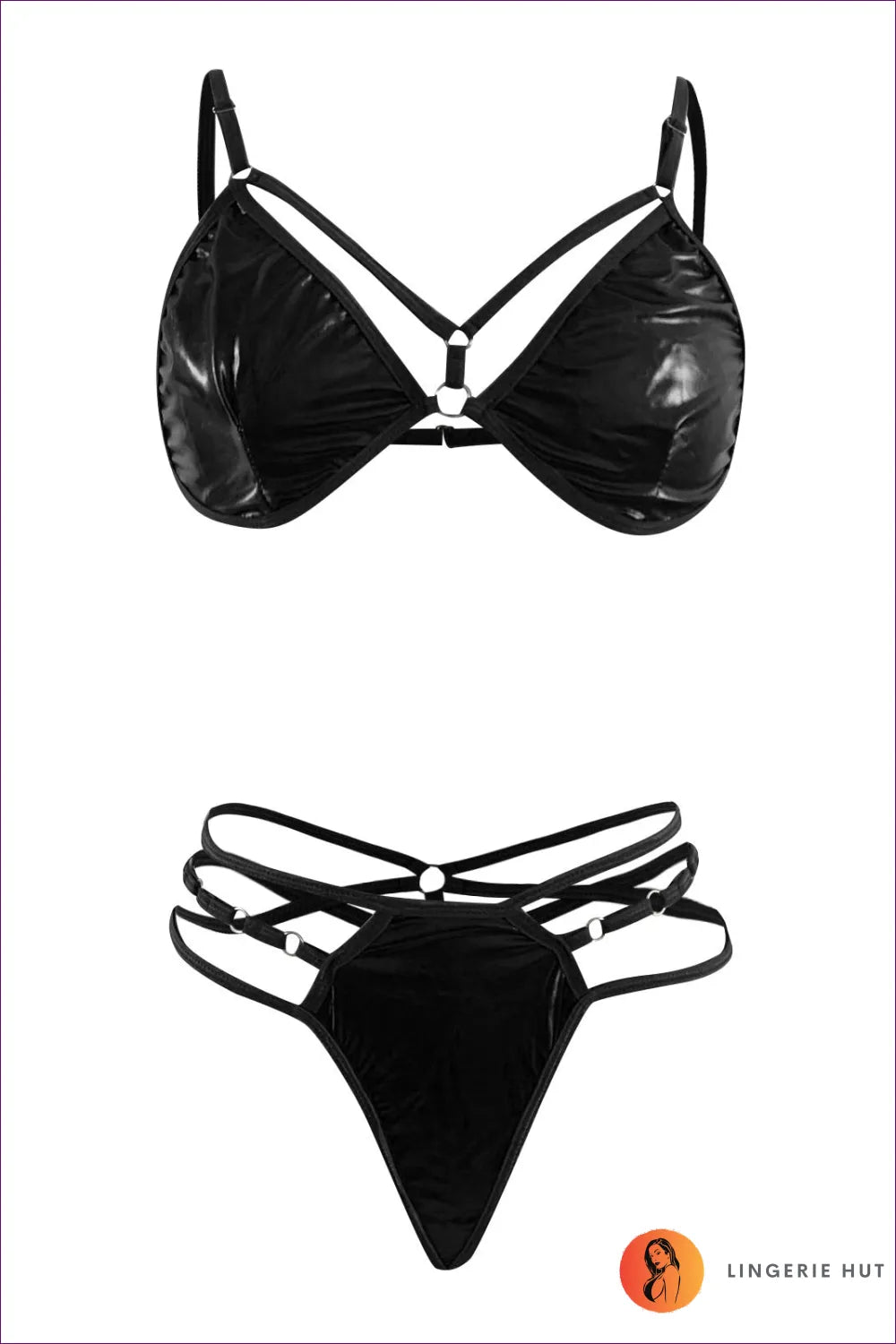 Command Attention With This Striking Bra Set! Embrace Wet-look Luxury And Adjustable Straps For a Daring