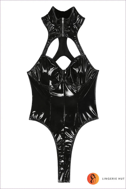 Elevate Your Seductive Style With Our Wet Look Turtleneck Zip Cut-out Thong Bodysuit. Crafted From Wet-look