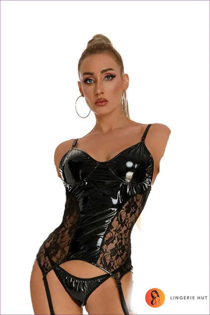 Wetlook Bodysuit with Lace Panel and Garter - After-dark Drama for Backless, Bodysuit, Boudoir, Clubwear,