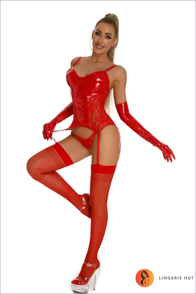 Wetlook Lace Bodysuit with Garter Detail - Bold But Wearable