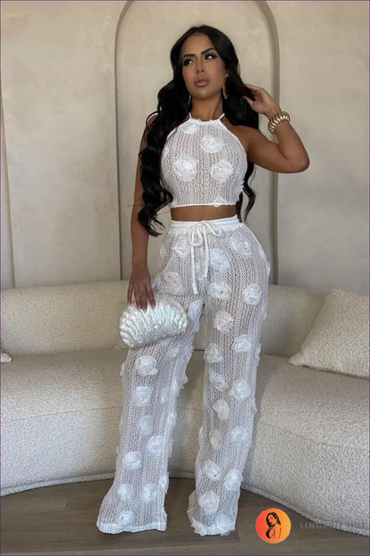 White Crochet Floral Co-ord Set - Boho Chic Perfection for Boho, Casual, co Ord, Crochet, Dress