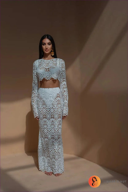 White Crochet Lace Two-piece Set - Boho Beach Vibes for Boho, Casual, co Ord, Crochet, Glamour