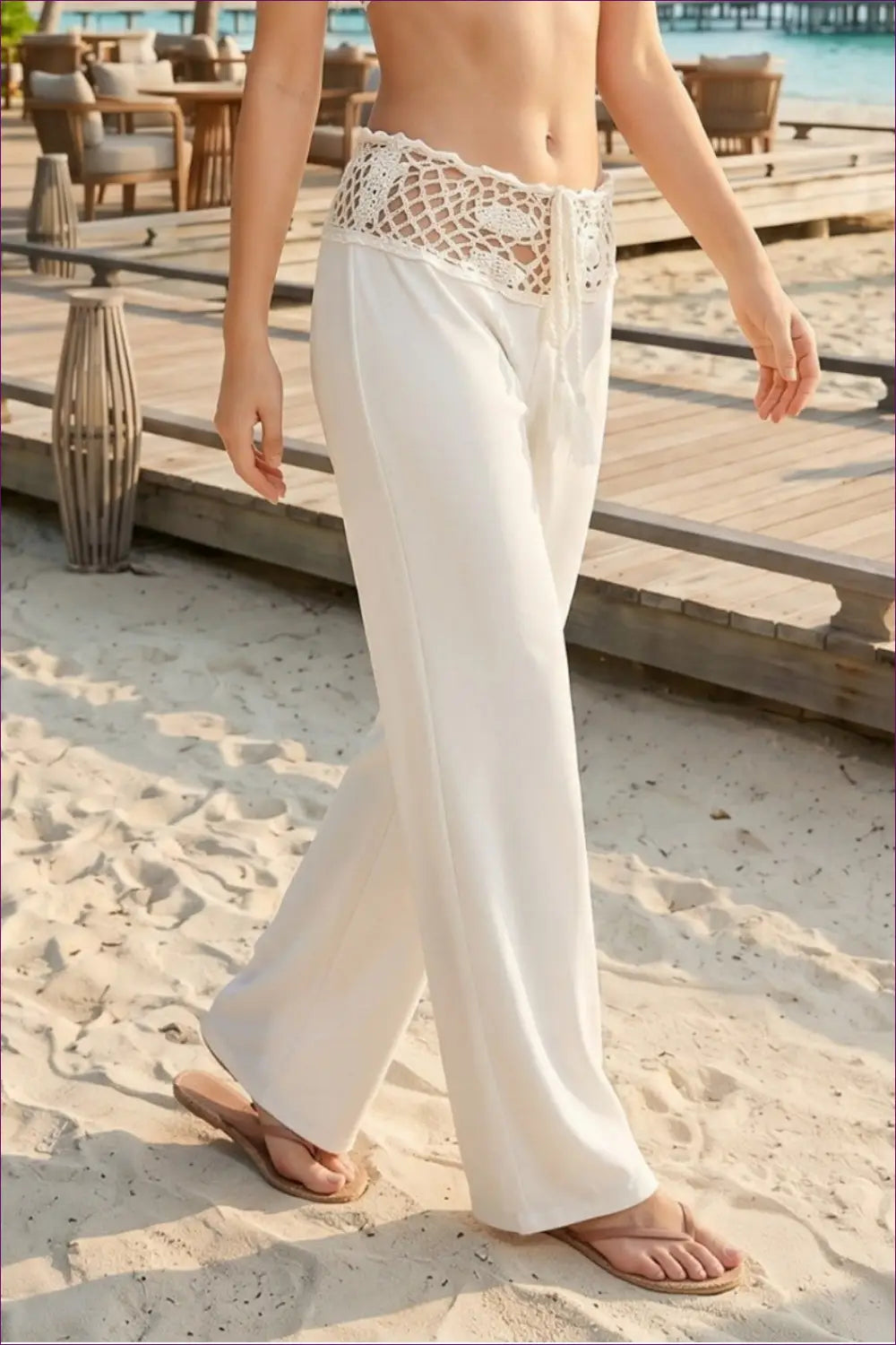 White Crochet Waist Beach Trousers with Wide Leg - Boho Shoreline - Beachwear • just in • Summer - Lingerie Hut