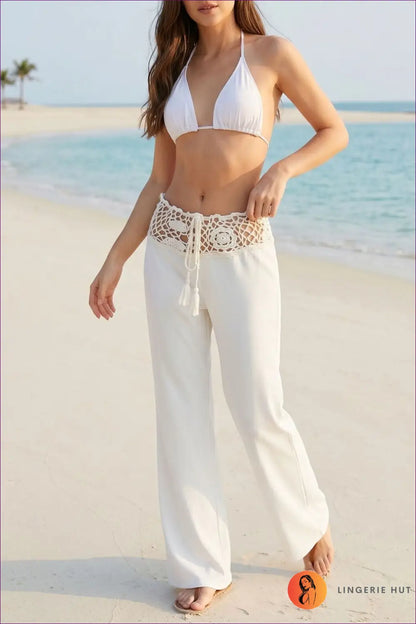White Crochet Waist Beach Trousers with Wide Leg - Boho Shoreline - s / Beachwear • just in • Summer - Lingerie Hut