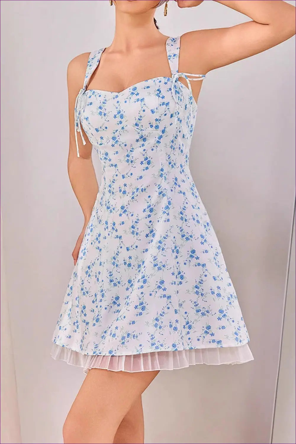 White Ditsy Floral Sweetheart Mini Dress - Mesh Ruffle Hem - Xs / Blue and - Boho • Elegant • Everyday • Fishnet - Taja