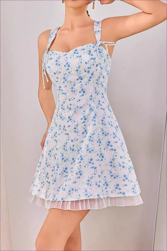 White Ditsy Floral Sweetheart Mini Dress - Mesh Ruffle Hem - Xs / Blue and - Boho • Elegant • Everyday • Fishnet - Taja