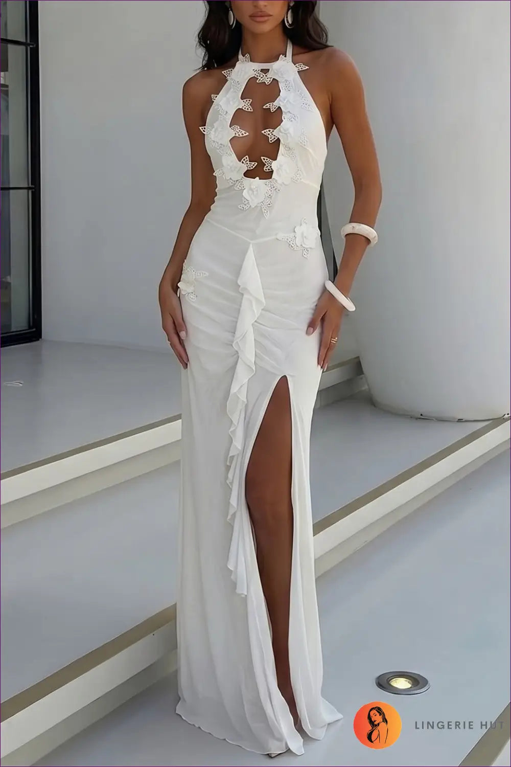 White Floral Lace Cutout Evening Dress - Spotlight Moment - s / Backless • Boho • Casual • Dresses - Lingerie Hut